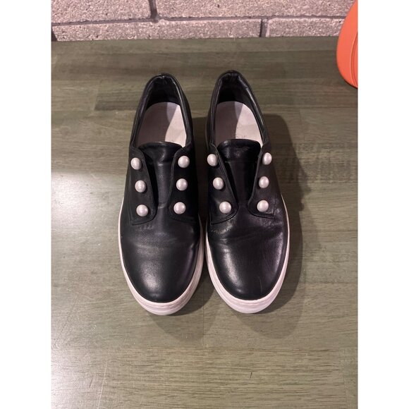 Womens Black Slip-On Platform Sneakers W/ Pearl Accents Casual Style Leather Upp - Picture 6 of 7